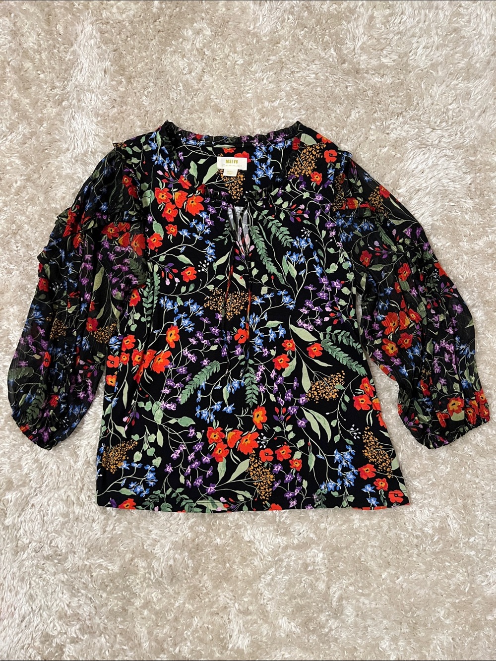 Maeve Black Floral Blouse with Red, Purple & Green Accents